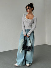 Women Striped Boxy Collar Long Sleeve Casual T-Shirt Bodysuit, Autumn